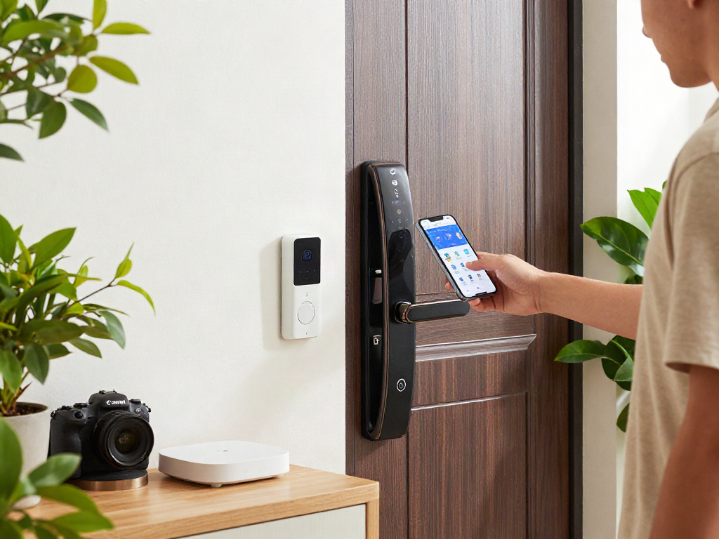 خرید قفل هوشمند installation by a tech-savvy individual enhancing home security.