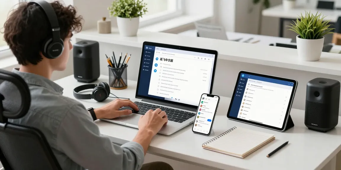 Engaging with 纸飞机中文版 app on multiple devices in a modern home office.