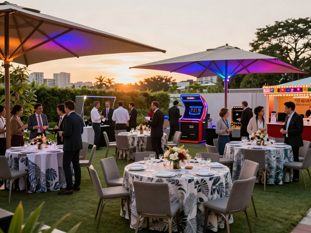 Event rentals showcased at an outdoor corporate gathering with colorful lighting and stylish decor.