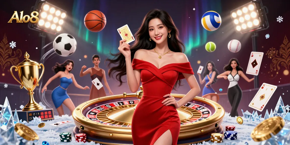 Alo8, immerse in the excitement of online gaming with a beautiful Asian woman holding a golden playing card beside a roulette wheel.