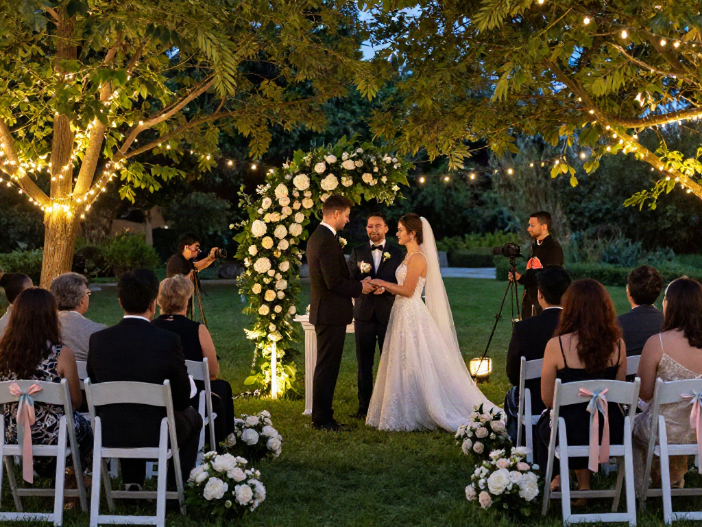 Exquisite outdoor wedding setup featuring event rentals with floral arch and guest seating