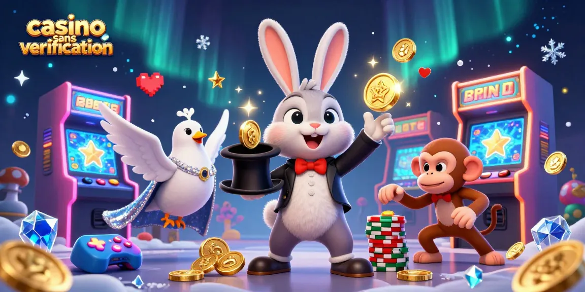 Jouer dans un casino sans vérification, où un magicien cartoon fait apparaître des pièces d'or et des jetons de poker.
