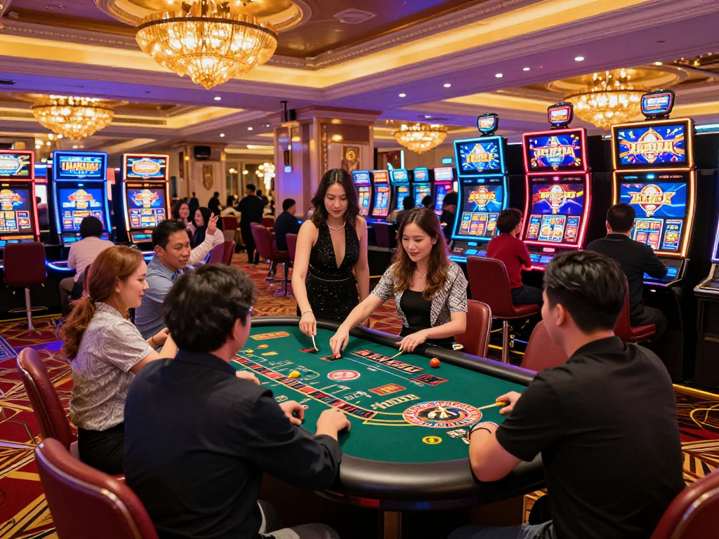Sòng bạc Jin88 sang trọng với không gian ánh sáng rực rỡ và người chơi gặp nhau tại các bàn Baccarat và Roulette.