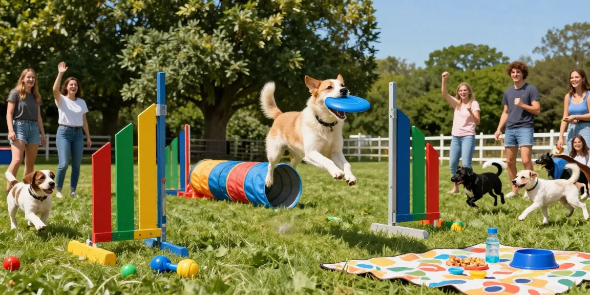 Excited dog catching a frisbee in a vibrant pet playground using NAGA2000 agility equipment.