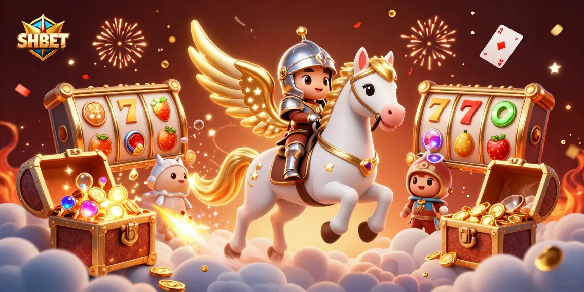 Engage with SH BET in a vibrant 3D casino world of slot reels, treasures, and magical knights.