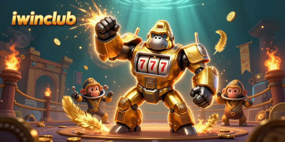 Join the excitement with iwinclub's thrilling golden gorilla mech adventuring in a vibrant casino arena.
