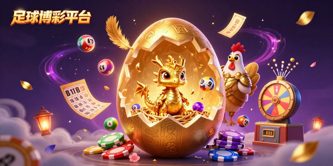 在足球博彩平台的即時投注中，巨型金蛋裂開顯露一隻純金小龍坐於撲克籌碼上，周圍是彩色編號的樂透球飛舞。