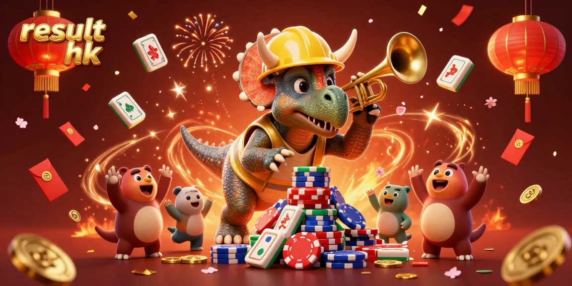 Menggambarkan hasil hk dengan triceratops membangun piramida chip poker dan perayaan di sekelilingnya