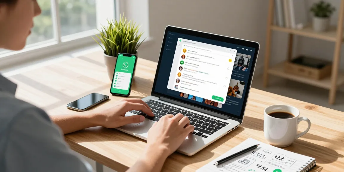 Engaging workspace featuring WhatsApp網頁版 on a laptop with vibrant chat, potted plant, and coffee mug.