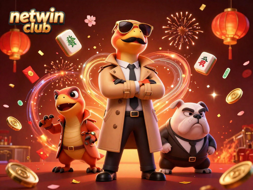 The netwin club showcases an imaginative 3D illustration of three raptors disguised as a tall person attempting to enter a casino, emphasizing humor and creativity.