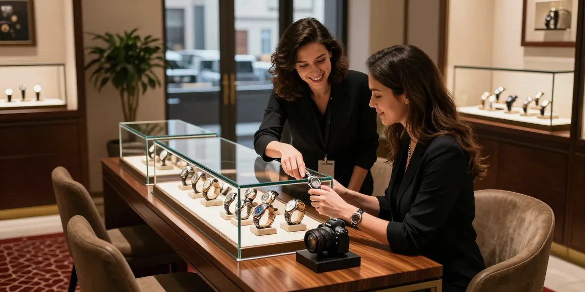 Elegant scene of a customer admiring clone watches in a luxury boutique, showcasing refined design and sophistication.