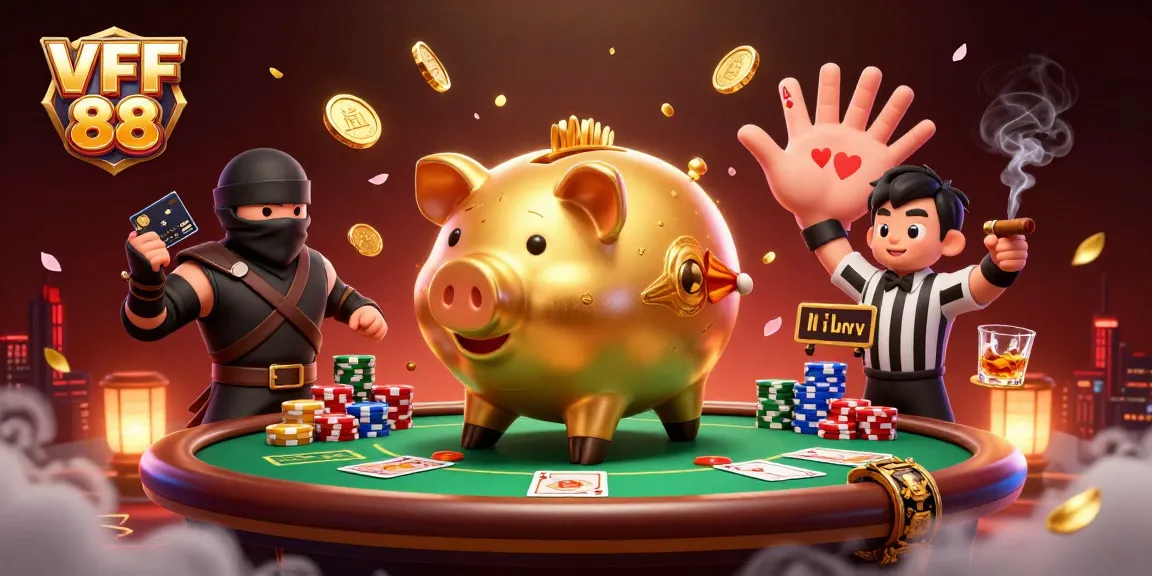 Experience thrilling poker action with VFF 88 as golden coins fly amidst game elements and energetic characters.