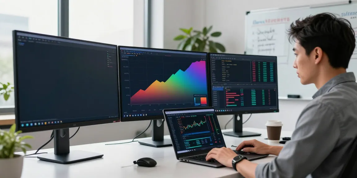 Trader using MetaTrader 5 in a modern office with multiple screens and trading charts.