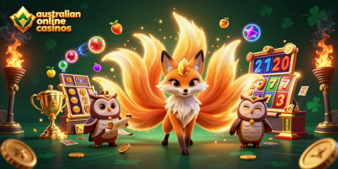 A vibrant illustration showcasing the enchanting world of australian online casinos, featuring a glowing nine-tailed fox and owl sage amidst dynamic slot game elements.