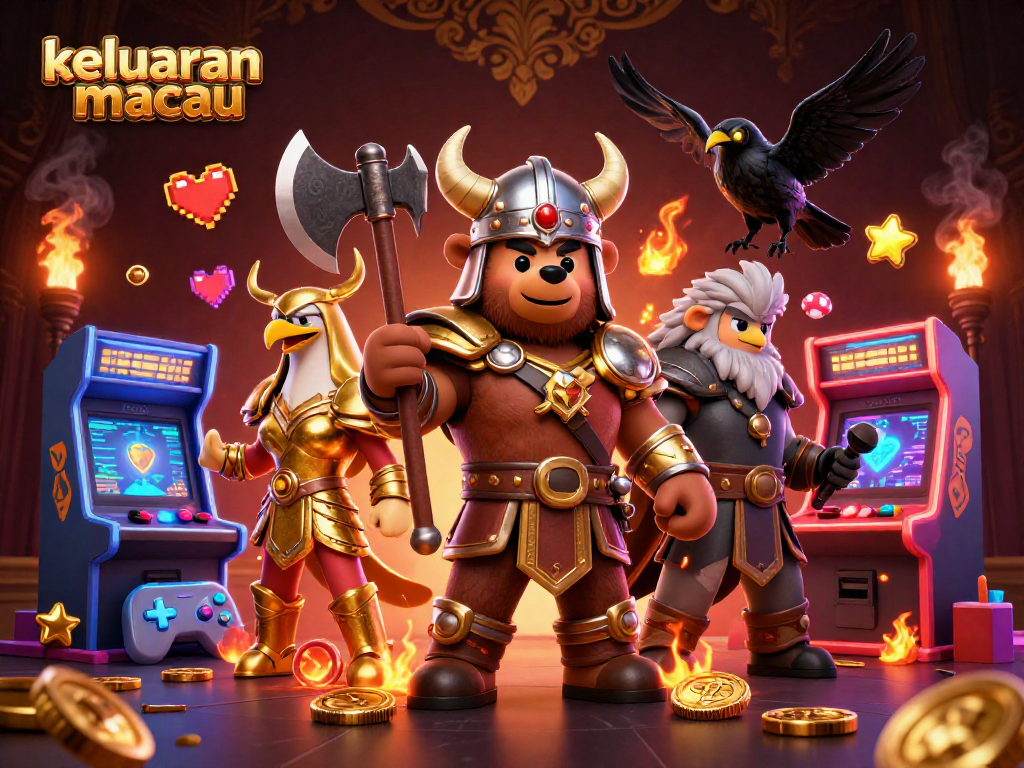 Keluaran Macau reveals exciting game outcomes with a dynamic Viking and Valkyrie scene featuring arcade elements.