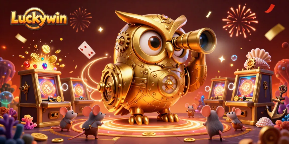 Experience the excitement of Luckywin with a dynamic casino scene featuring a golden owl and whimsical elements.