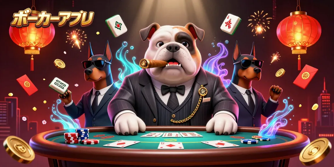 リアルマネーで遊べるポーカーアプリのシーンで、ポーカーベルゴリラがボディーガードのドーベルマンと共にいる状況を描くイラスト