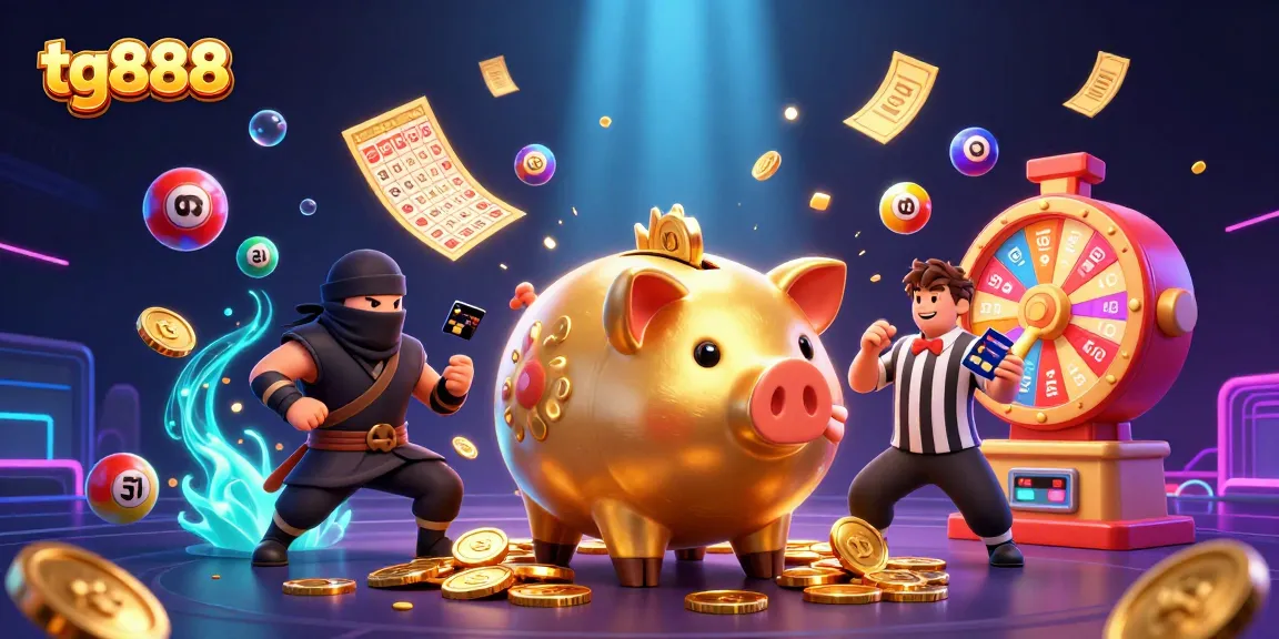 Engage with tg888's vibrant casino adventure featuring a golden piggy bank sumo wrestler, colorful lottery balls, and dynamic prize elements.
