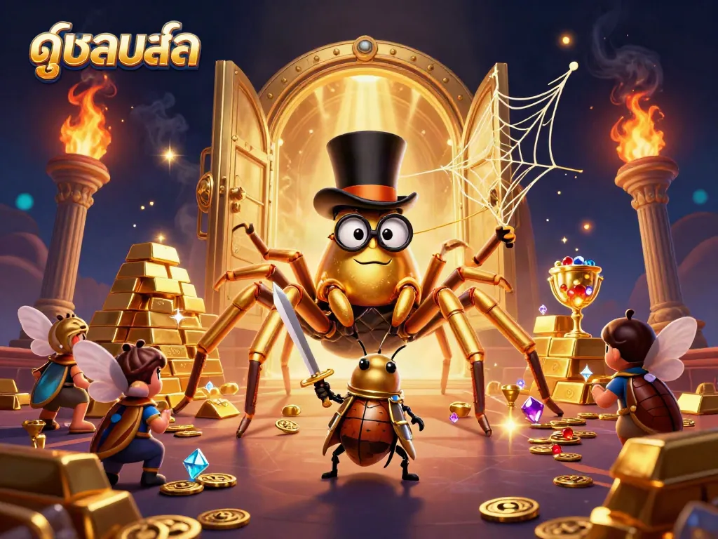 Experience thrilling ดูบอลสด action with vibrant 3D imagery showcasing a golden tarantula and heroic beetle knight.