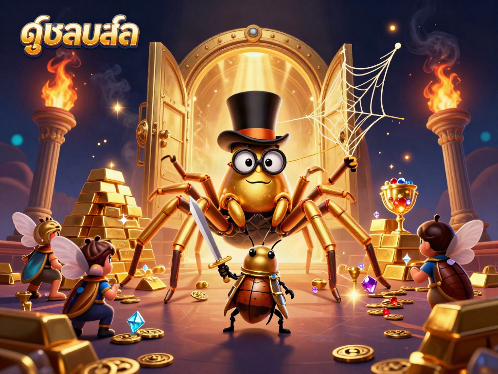 Experience thrilling ดูบอลสด action with vibrant 3D imagery showcasing a golden tarantula and heroic beetle knight.