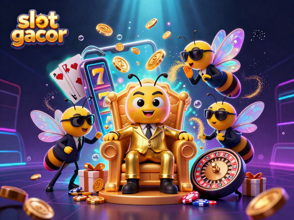 Spin vibrant slot gacor reels surrounded by a mob boss and bodyguards in a dazzling hive scene.