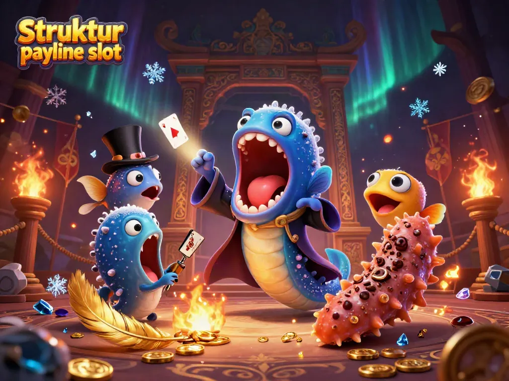Menggambarkan struktur payline slot dengan ikan gulper luminescent dalam jubah pesulap melakukan trik kartu.