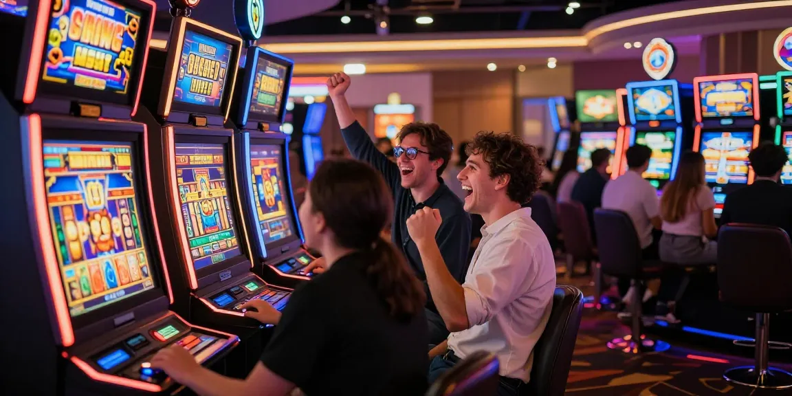 Pengunjung merayakan kemenangan jackpot slot gacor di kasino dengan suasana ceria dan cahaya neon.