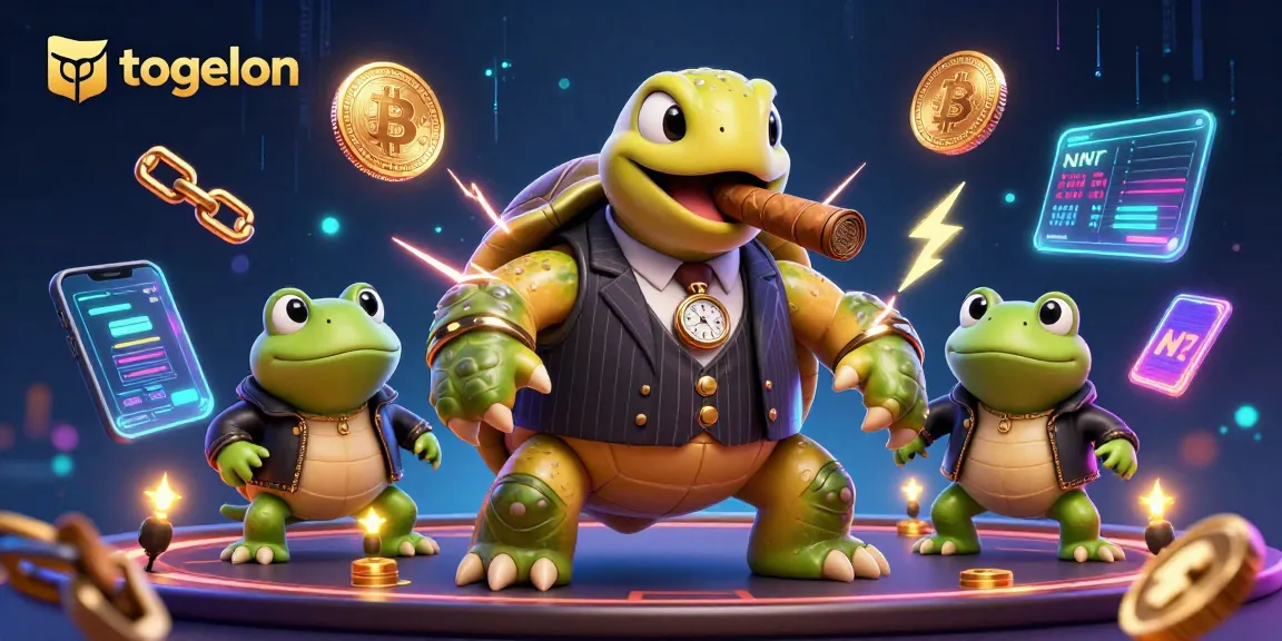 Engage with togelon insights in a dynamic cartoon scene featuring a snapping turtle and bullfrogs.