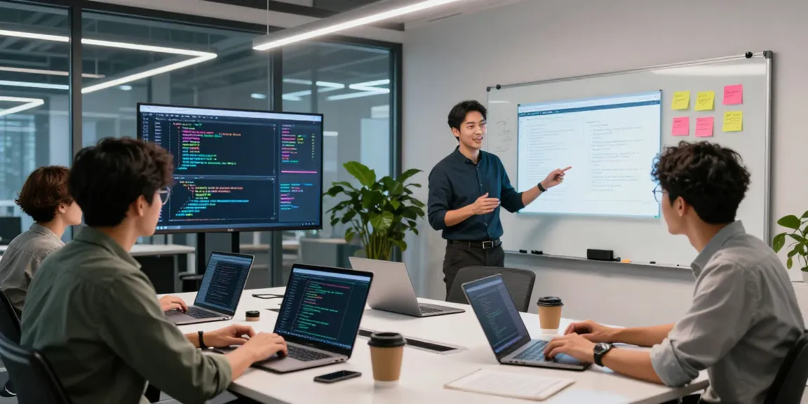 Dynamic team collaboration in tech workspace showcasing Berita Akasta's innovations in AI development.