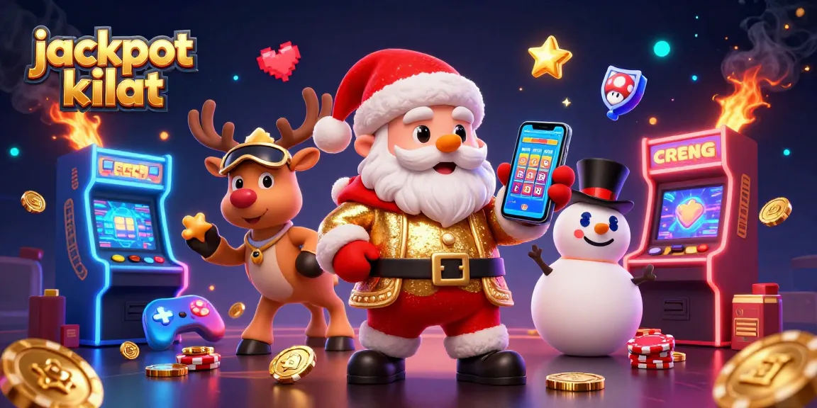 Win big with jackpot kilat in this colorful casino scene featuring a cartoon Santa and his festive friends.