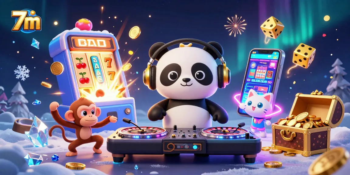 Engage in thrilling casino fun with 7m as a DJ panda spins roulette while a monkey dances amid slot machines.