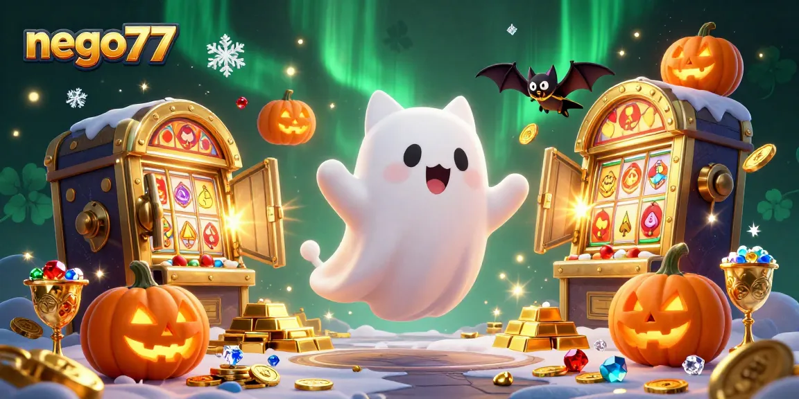 Play thrilling games at nego77 with a ghost cat and vampire bat in a haunted casino scene.