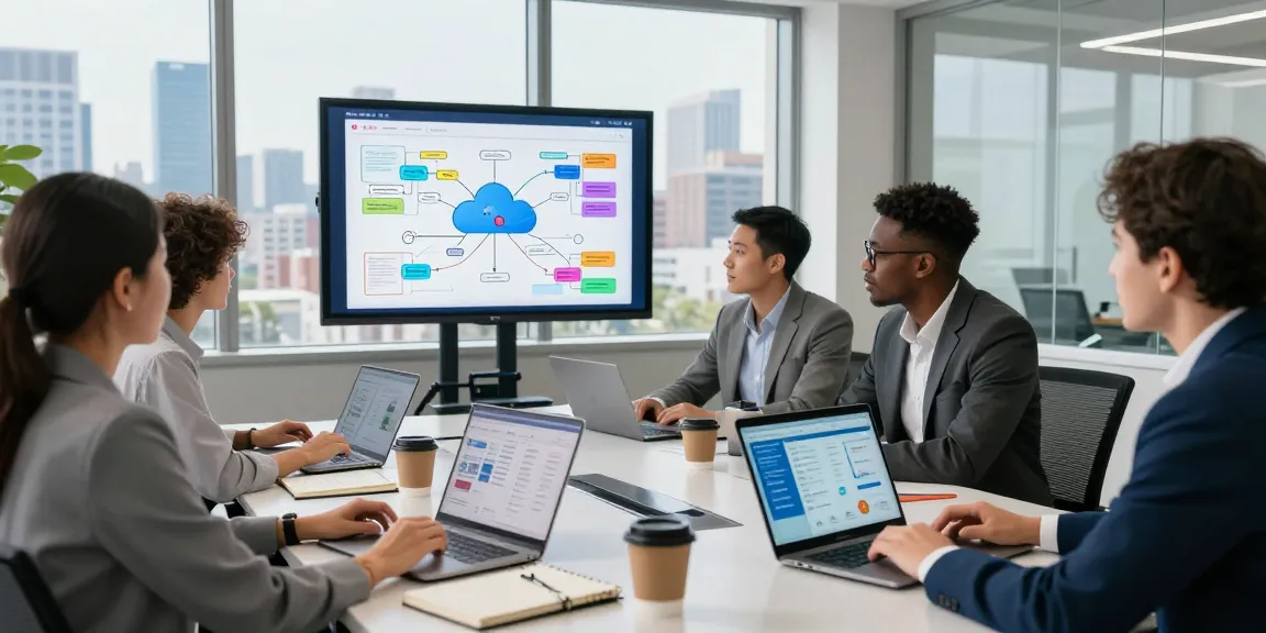 Team collaborating in a modern office, exploring מרכזייה בענן features with tech-driven tools and professional atmosphere.