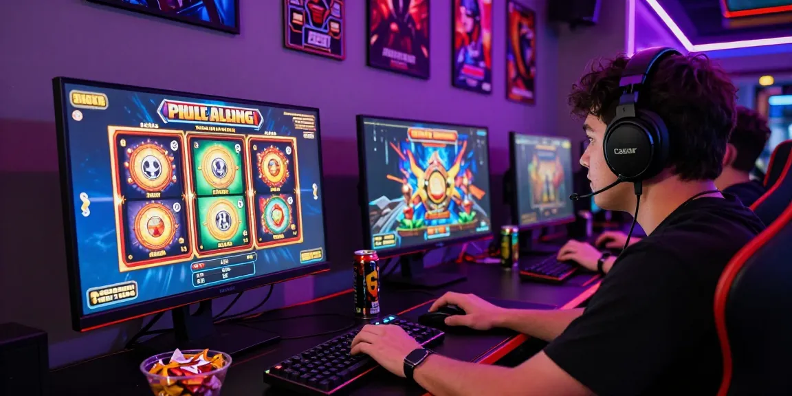 Player enjoying a slot gacor game on a vibrant computer setup, showcasing engaging gaming accessories and snack.