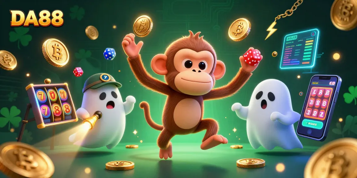 Engage in thrilling games at DA88 featuring a playful poltergeist monkey juggling casino tokens.