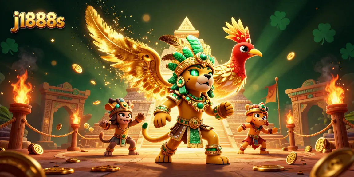 Experience thrilling moments with j1888s, featuring a Mayan jaguar priest and golden coins in a vibrant casino atmosphere.