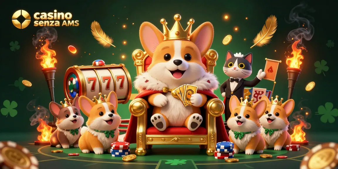 Partecipa al gioco del casino senza AAMS mentre un nobile corgi presiede su una vibrante scena 3D piena di emozioni.