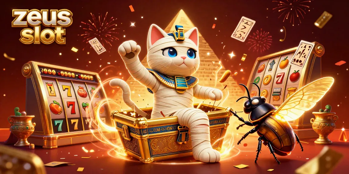 Experience the excitement of the zeus slot with a vibrant illustration of a mummy cat in a casino.