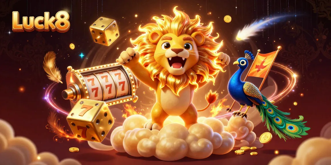 Spin for big wins at Luck8 with exciting slots, golden dice, and animated casino elements.