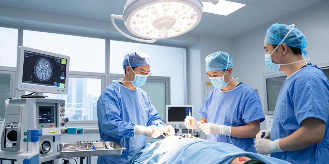 Neurosurgeon preparing for a beyin ameliyatı in a high-tech operating room with advanced medical equipment and a patient ready for surgery.