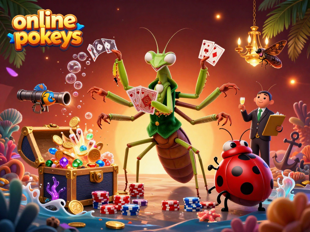 Engage with online pokies in an ultra-detailed casino scene featuring playful characters and vibrant gaming elements.