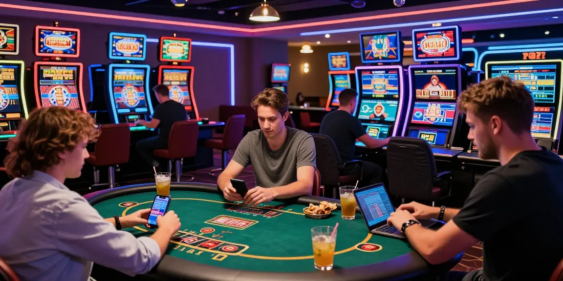 Scène excitante de casino en ligne avec des joueurs à des jeux vibrants, des tables numériques et une atmosphère engageante.
