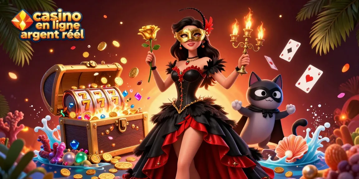 Scène engageante d'une femme en robe de bal avec un compagnon félin dans un thème de casino, illustrant le casino en ligne argent réel.