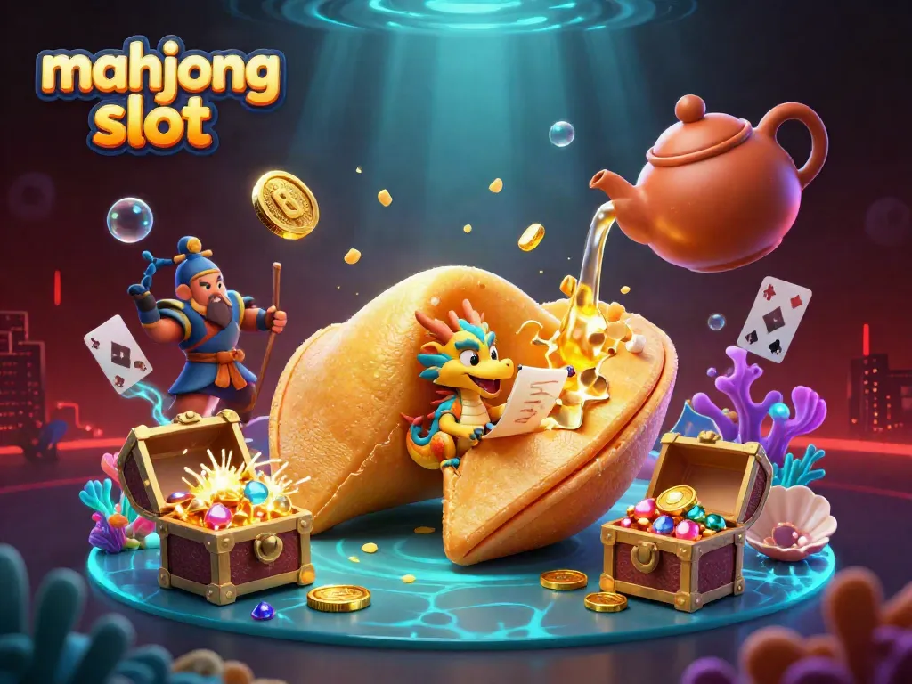 Experience thrilling gameplay with mahjong slot as a dragon reads fortunes from a fortune cookie surrounded by treasures.