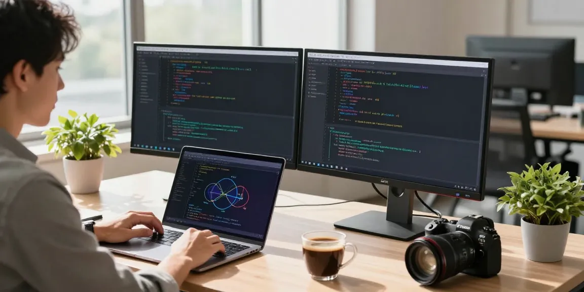 快连 user coding on multiple screens, showcasing cutting-edge network technology in a bright office.