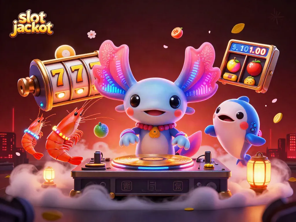 Experience fun slot jackpot action with axolotl DJ and vibrant game elements in an engaging 3D scene.