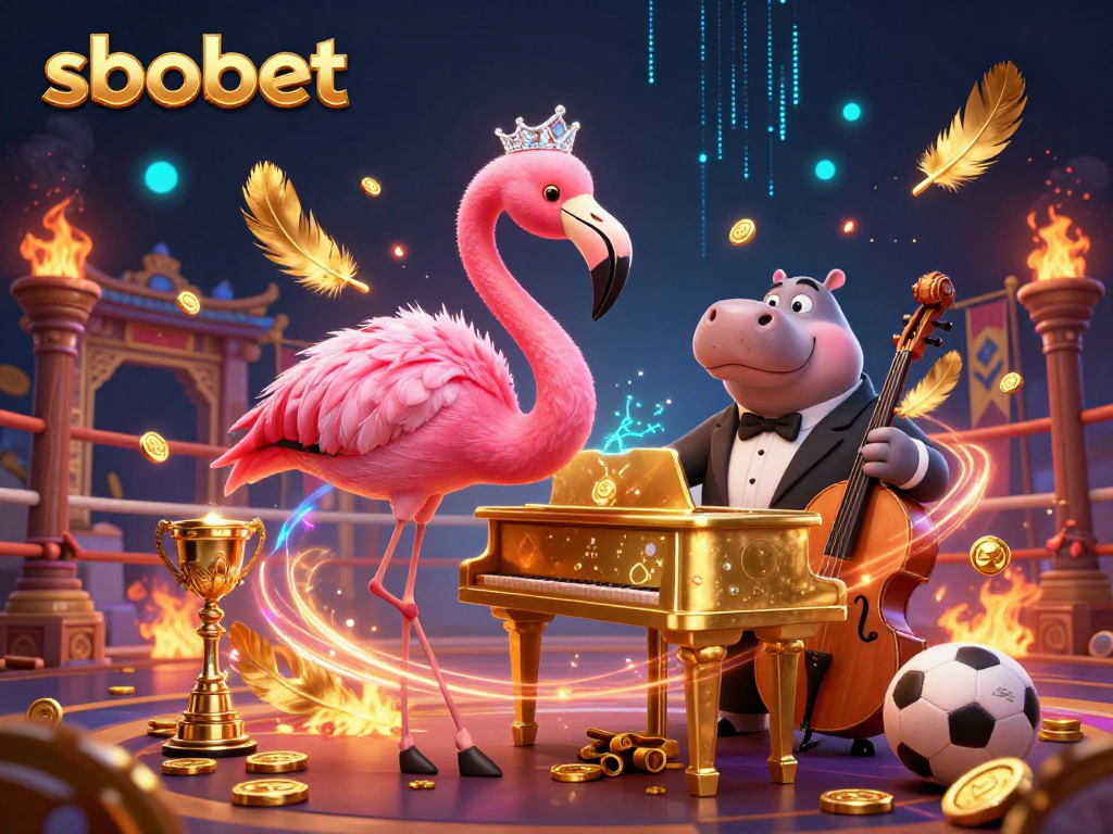 Experience sbobet sports betting excitement with unique flamingo singer and hippo bassist in a vibrant casino scene.