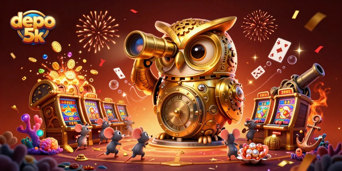 Experience exhilarating wins with depo 5k in a vibrant casino scene featuring golden owl and treasure!
