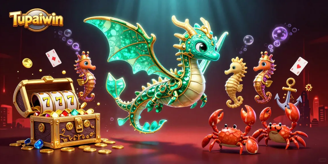Tupaiwin showcases a vibrant scene with a magical sea dragon and treasure chest amidst casino elements, symbolizing winning opportunities.