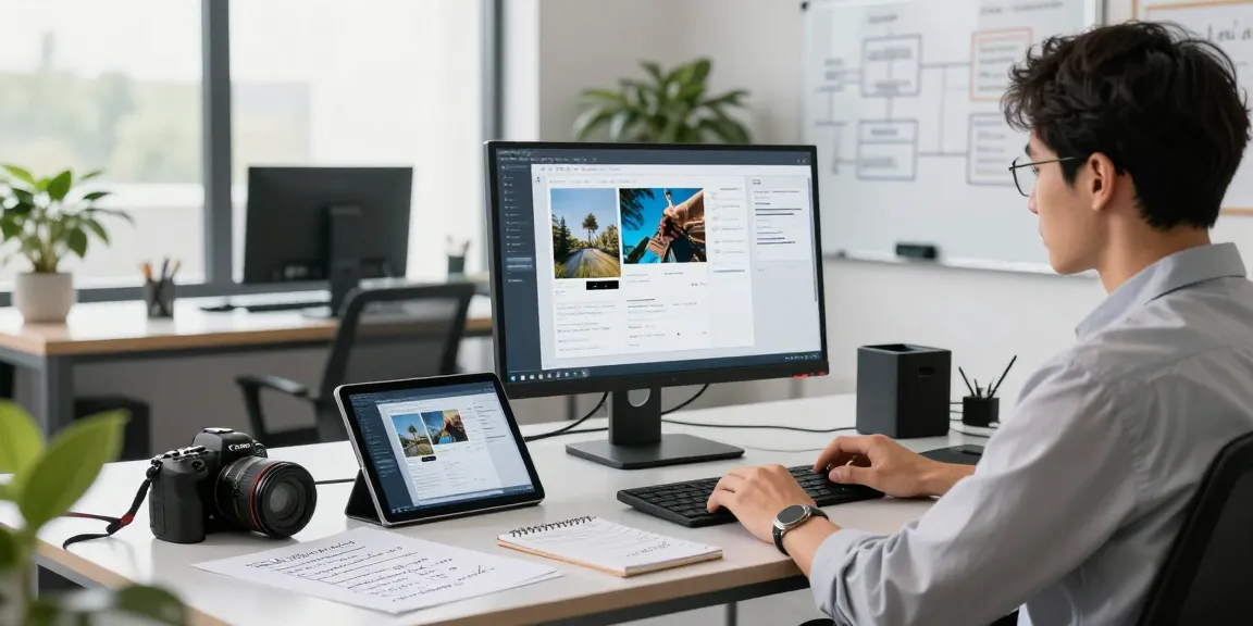 Data scientist using an ai image checker in a modern tech workspace with gadgets and analysis reports.